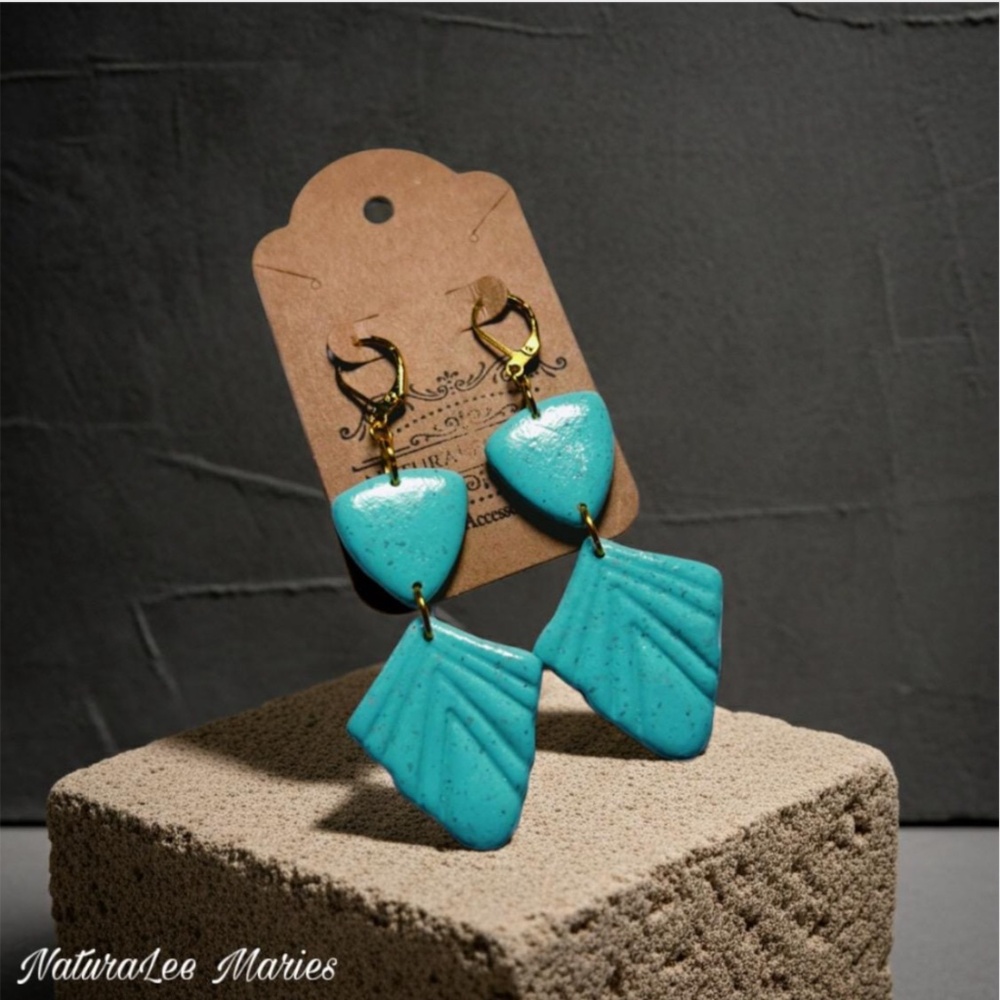 Pale Turquoise Stone Art Deco Sunburst Triangle Double Drop and Dangle Earrings